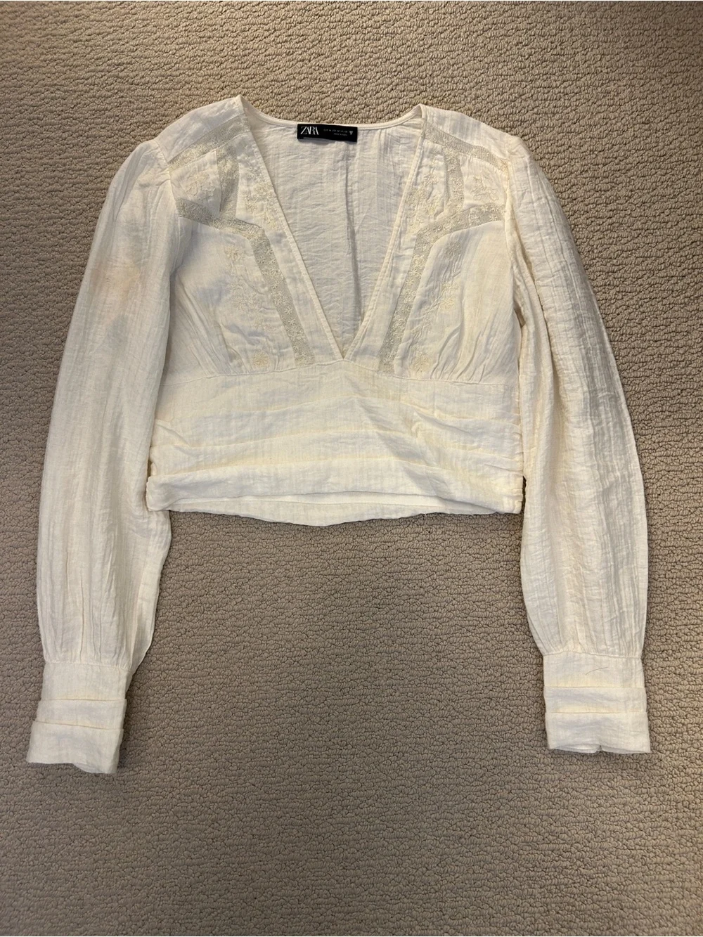 ZARA Cream Lace-Trim V-Neck Cropped Blouse